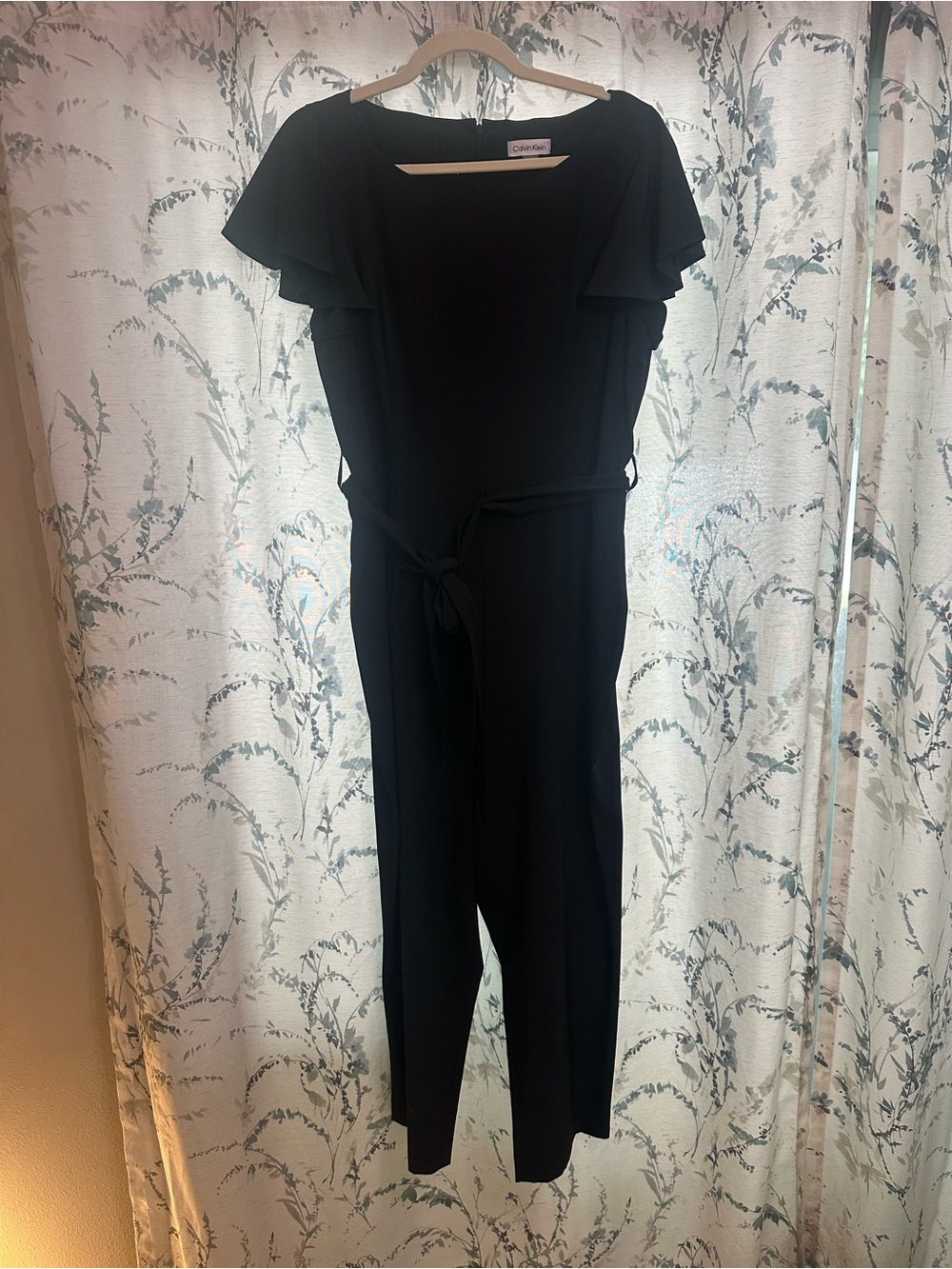 Calvin Klein Black Ruffle-Sleeve Jumpsuit with Waist Tie